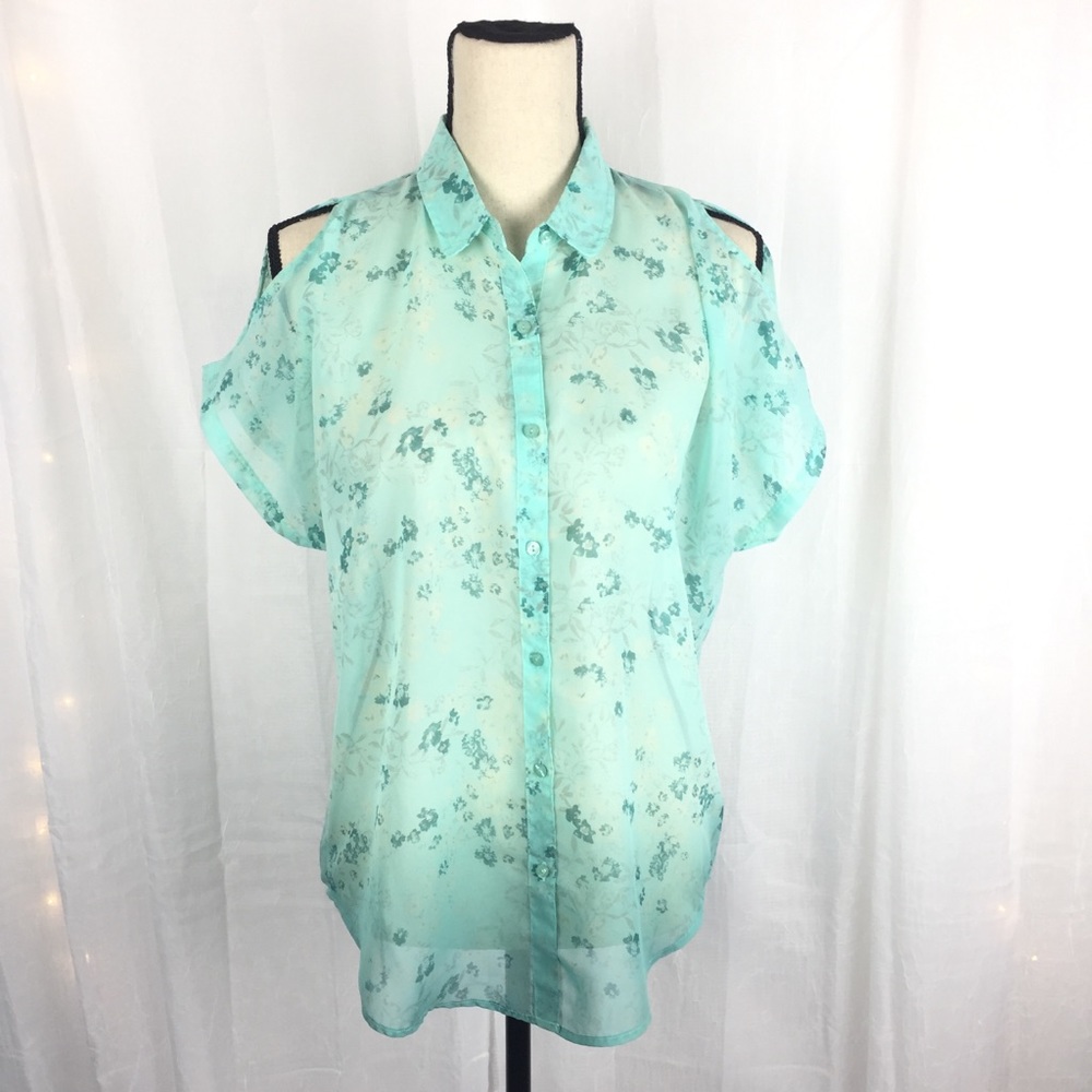 Silvers Sheer Button Down Blouse Turquoise Ombré